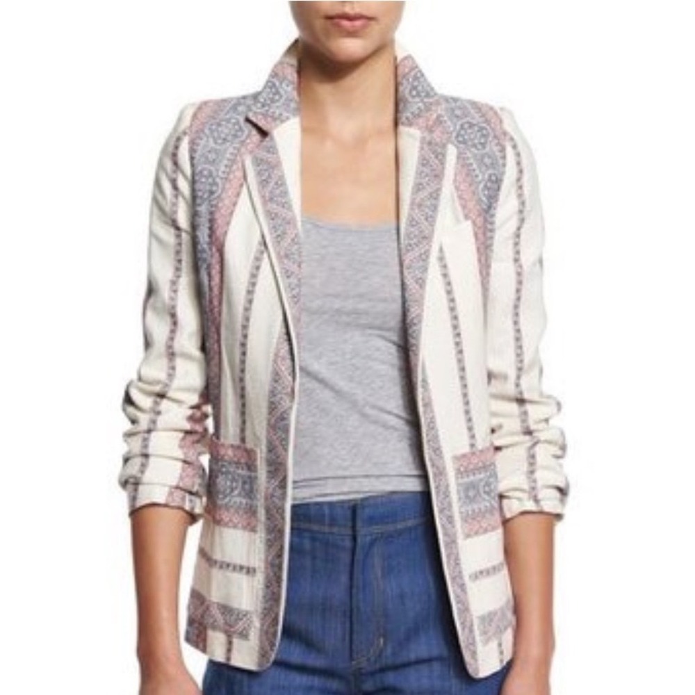 Derek Lam 10 Crosby Womens 4 Cotton Linen Geometric Striped Blazer Jacket Cream